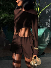 Brown One Long Shoulder Cut Out Mini Dress
