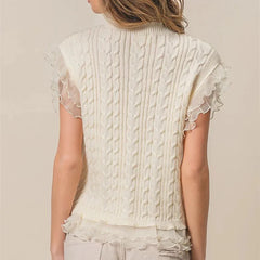 White Knit Ruffled Trim Crew Neck Top
