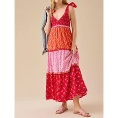 Floral Print Contrast Ruffle A-line Long Dress