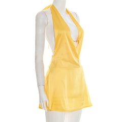 Yellow Satin Plunge Halter Mini Dress