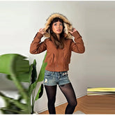 Faux Fur Hooded Snap Button Short Jacket