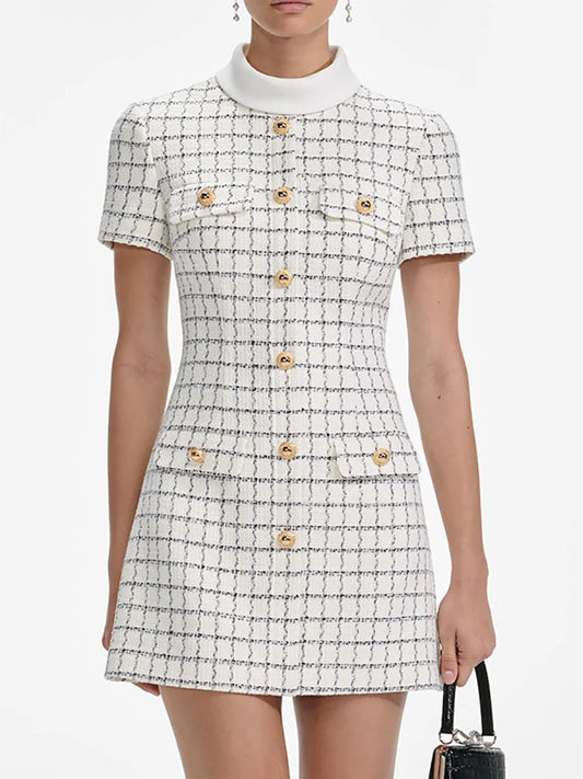 White High Collar Plaid Button Up Mini Dress