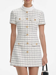 White High Collar Plaid Button Up Mini Dress