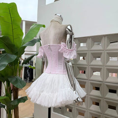 Ruffled Trim Off-shoulder Crop Top And White Tulle Mini Skirt Set