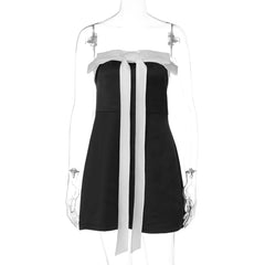 Satin Black Strapless Bow Tie Mini Dress