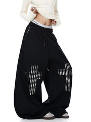 Black Rhinestone Cross Wide Leg Sweatpants