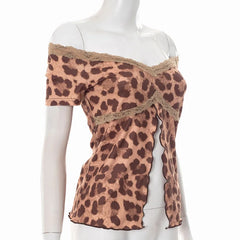 Off-shoulder Leopard Print T-shirt