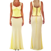 Women's floral lace-up corset crop top and matching mermaid long skirt set.