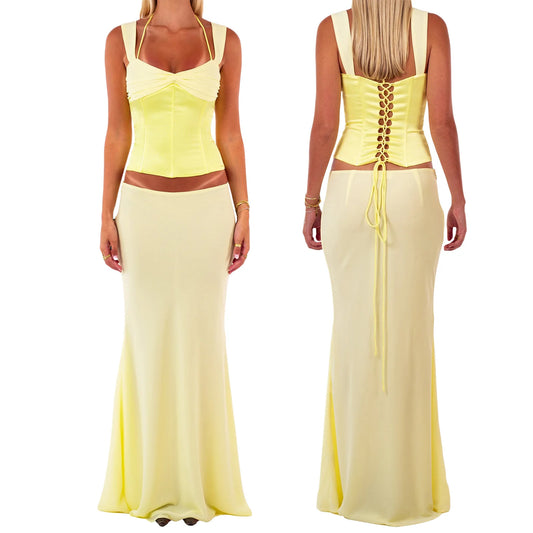 Women's floral lace-up corset crop top and matching mermaid long skirt set.
