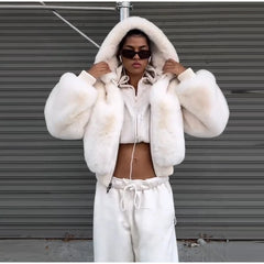 Faux Fur Zipper Hooded Jacket