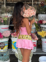 Pink Sequin Halter Tank Top And Tiered Mini Skirt Set