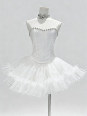 Beaded Neck Strapless Corset Tulle Flare Mini Dress