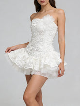 3D Flower Strapless Patchwork Ruffles Mini Dress