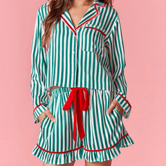 Striped Satin Bow Tie Long Sleeve Shirt And Ruffled Shorts Pajama Set