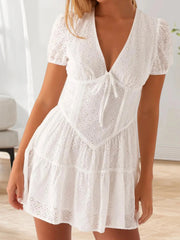 White Short Sleeve Eyelet Mini Dress