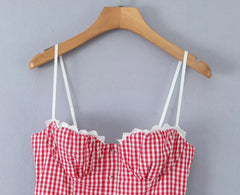 Plaid White Patchwork Eyelet Flare Sling Mini Dress
