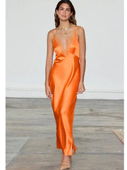 Strap Satin V-neck Long Dress