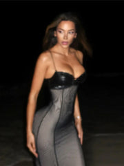 Black Pu Leather Patchwork Layered Mesh Maxi Dress