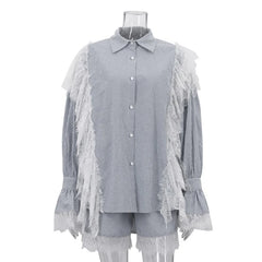 Lace Stripes Lapel Bell Sleeves Shirt And Shorts Set