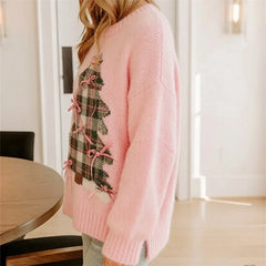 Fuzzy Plaid Christmas Tree Crew Neck Pullover