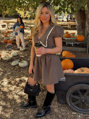 Brown Plaid Puff Short Sleeve Peterpan Collar Mini Dress