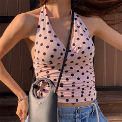 Polka Dot Halter Deep V-Neck Tank Top