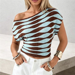 Off Shoulder Wavy Stripe Knit Crop Top