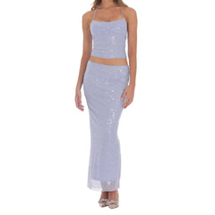 Sequin Crop Top And Low Rise Long Bodycon Skirt Set