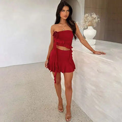 Strapless Ruffled Top And Mini Skirt Set