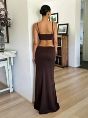 Brown Lace Patchwork Crop Top And Ruched Drawstring Maxi Skirt Set