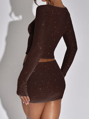Sequin Solid Long Sleeve Top And Mini Skirt Set
