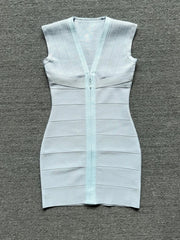 Deep V-Neck Zipper Mini Bandage Bodycon Dress
