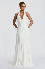 Deep Halter Neck Pleated Desgin Maxi Dress