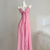 Pink V-Neck Spaghetti Strap 3D Flower Flowy Midi Dress