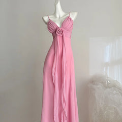 Pink V-Neck Spaghetti Strap 3D Flower Flowy Midi Dress