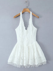 White Halter Eyelet Flare Mini Dress