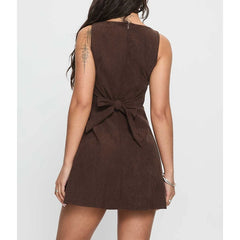 Brown Boat Neck Sleeveless with Bow Tied Belted Back Mini Dress