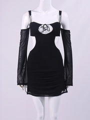 Black Mesh Off Shoulder Cut out Tie up Mini Dress