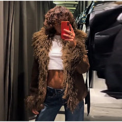 Faux Fur Plush Lapel Brown Jacket