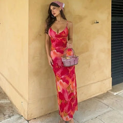 Floral Print Deep V Neck Sleeveless Maxi Dress