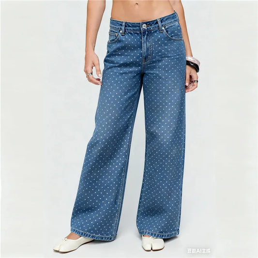 Polka Dot Wide Leg Denim Pants