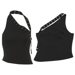Asymmetrical Halter Slant Neck Studded Top And Low Waist Shorts with Rivets Belt Set