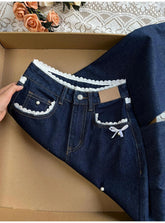 Lace Bow Patchwork Wide Leg Jeans
