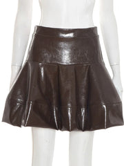 Brown PU Leather Ruffle High Waist A-line Skirt