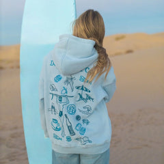 Blue Beach Graphic Embroidered Hooded Sweatshirt