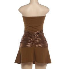 Brown Metallic Strapless Pleated Mini Dress
