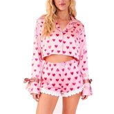 Pink Crop Heart Print Button Down Long Sleeve Top with Shorts Lounge Wear Set