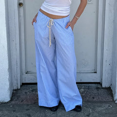 Striped Pattern Loose Drawstring Wide Leg Pants