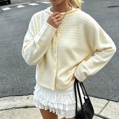 Striped Crew Neck Open Front Button Down Cardigan