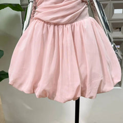 Spaghetti Strap Beaded Bust Ruched Waist Puff Hem Corset Mini Dress